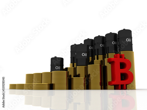 3d illustration oil drum with golden coins stacks near bitcoin sign