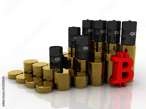 3d illustration oil drum with golden coins stacks near bitcoin sign