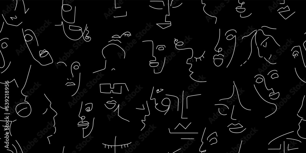 One line drawing Black white face seamless pattern One line drawing Black white face seamless pattern