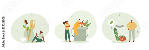 Zero waste illustration set. Characters using cotton crochet bag and other plastic free items. People separating organic waste and reducing negative effects of climate. Vector illustration.