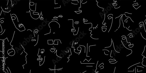 One line drawing Black white face seamless pattern