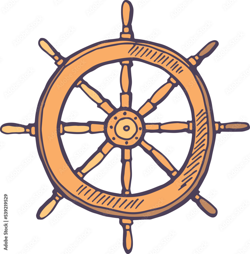 Ship steering wheel sketch. Naval symbol. Marine travel icon
