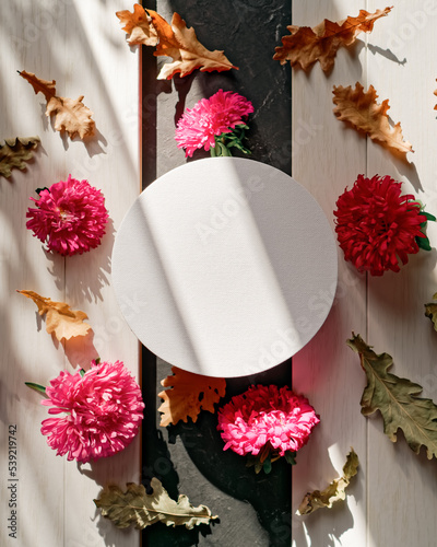 Round paper canvas, withered oak leaves and bright aster flowers are on a white wooden background. Autumn, fall, thanksgiving day concept. Flat lay. Copy space.