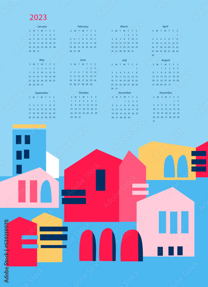 Calendar vector template for year 2023 with smoll home on blue background. Isolated calendar dates