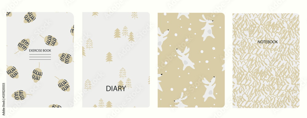 Cover page templates based on patterns with Rabbit symbol 2023, fir cones, spiral lines. Winter holidays concept. Backgrounds for notebooks, notepads, diaries. Headers isolated, replaceable