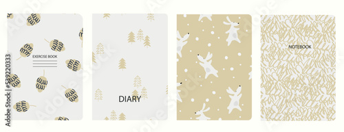 Cover page templates based on patterns with Rabbit symbol 2023, fir cones, spiral lines. Winter holidays concept. Backgrounds for notebooks, notepads, diaries. Headers isolated, replaceable