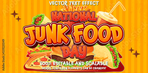 Editable text effect. Vector graphic of national junk food day good for national junk food day celebration. flyer illustration. Burger style red and orange lettering on fast food background with food