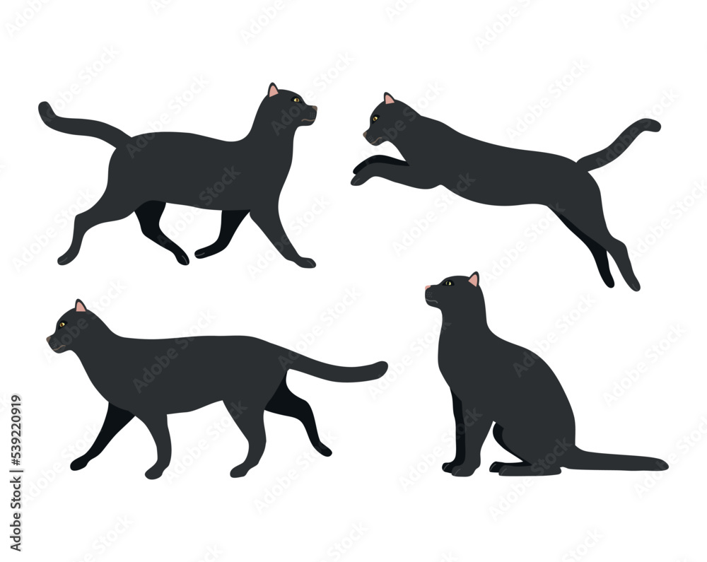 Vector set of flat hand drawn black cats isolated on white background