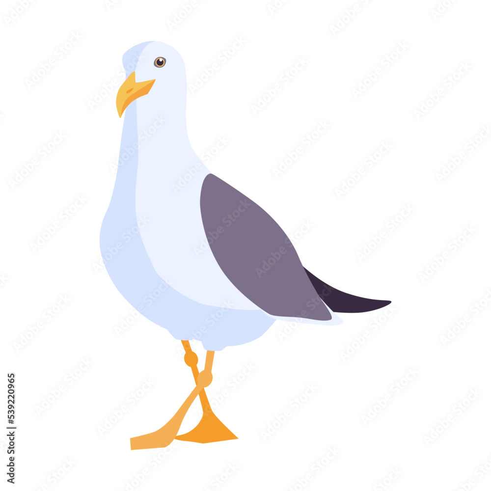 Fototapeta premium Cartoon beach seagull flying in sky vector illustration. Isolated flat gull sitting on blue background. Atlantic bird, nature concept