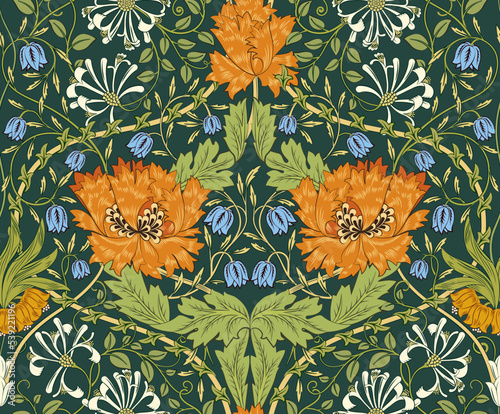 Floral seamless pattern with big orange flowers on dark green background. Vector illustration.