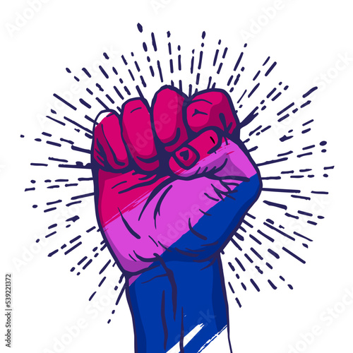A human hand clenched into a fist. The flag of bisexual pride. A colorful logo of one of the LGBT flags. Sexual identification. Vector illustration
