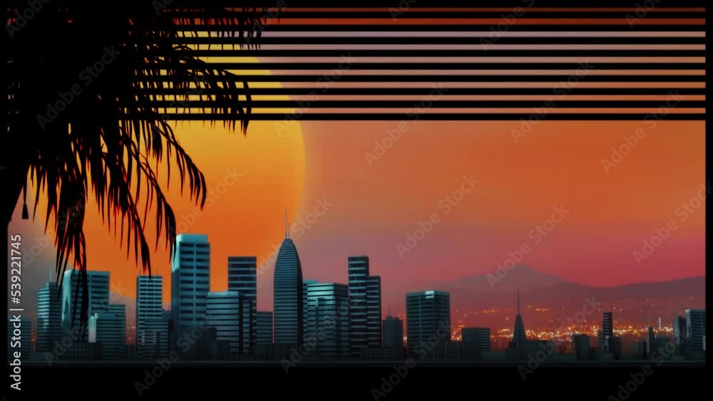 Looking through a retro window, concept animation loop. New retro wave city graphic style 3D illustration background, with a big red sun, a palm tree and copy space
