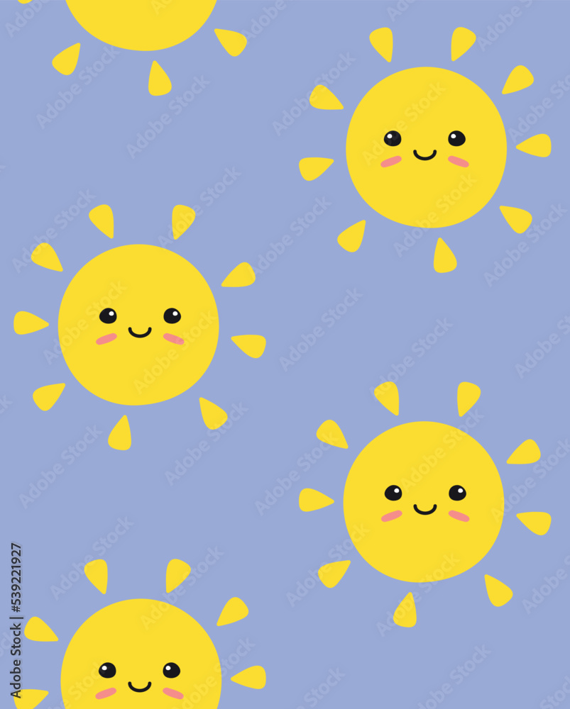 Vector seamless pattern of hand drawn flat sun with face isolated on blue background