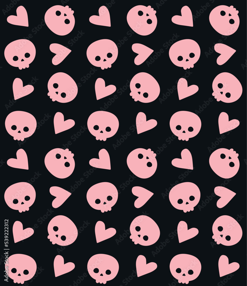 Vector seamless pattern of pink hand drawn flat skull and hearts isolated on black background
