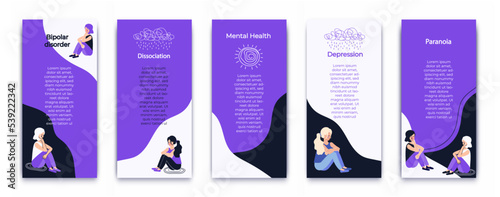 Booklet about bipolar disorder, depression, paranoia, and dissociation. Mental health. Template. Psychology.