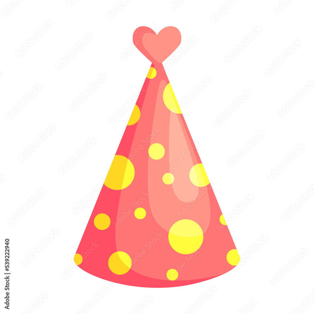 Colorful party cap flat picture. Cartoon birthday, anniversary and carnival cone paper hats isolated vector illustration. Holiday decoration elements and celebration concept Colorful party cap flat picture. Cartoon birthday, anniversary and carnival cone paper hats isolated vector illustration. Holiday decoration elements and celebration concept