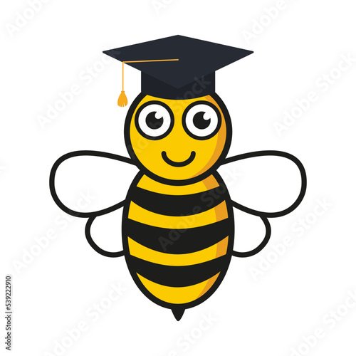 Cute friendly bee in graduate hat. Flying scholar bee with big kind eyes. Insect education character. Vector isolated on white.