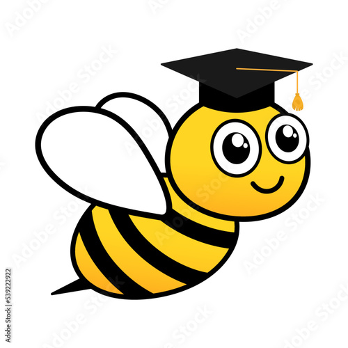 Cute friendly bee in graduate hat. Flying scholar bee with big kind eyes. Insect education character. Vector isolated on white.