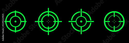 Shooting target destination set. Aim sniper shoot group. Focus cursor bull eye mark collection. Vector isolated on black.