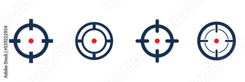 Shooting target destination set. Aim sniper shoot group. Focus cursor bull eye mark collection. Vector isolated on white.