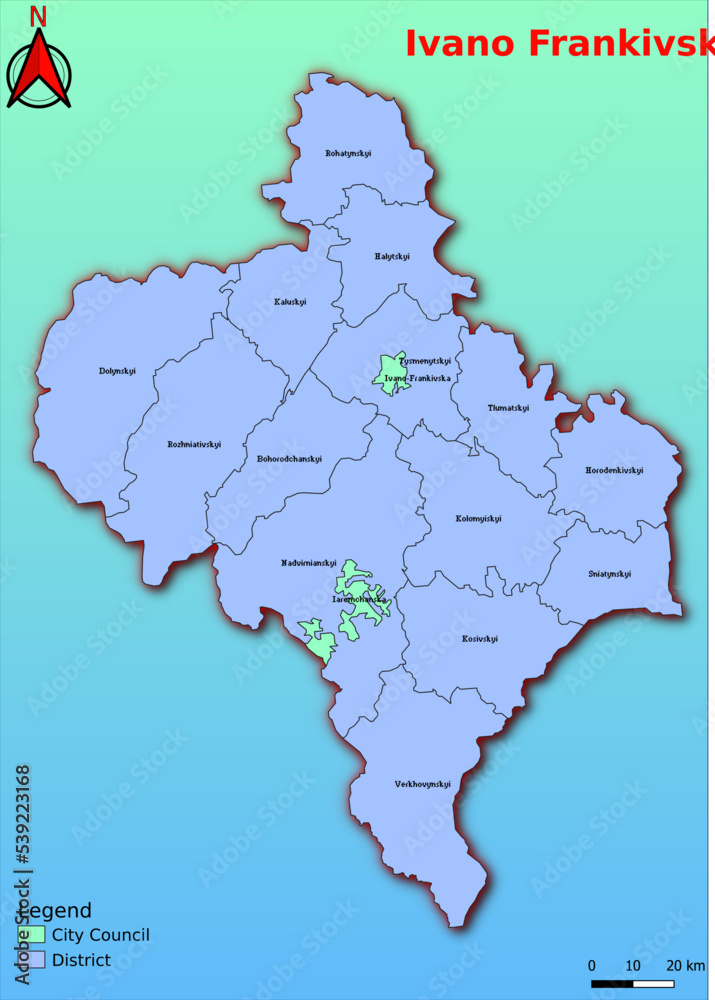 Vector map of the Ukraine administrative divisions of Ivano Frankivsk Region with City, City Council, District, Raion