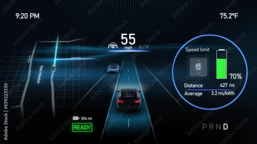 
Electric Car Dashboard. Display showing GPS map, battery, speed, time and temperature  of EV. Futuristic Interface. Holographic Display.
