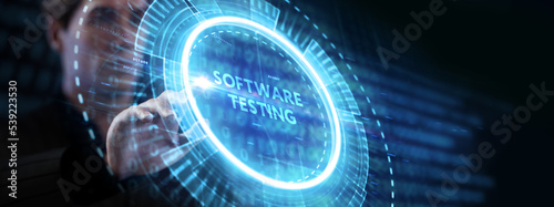 Inscription SOFTWARE TESTING on the virtual display. Business, modern technology, internet and networking concept.