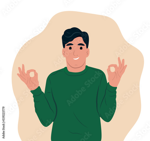 Happy positive man showing gesture. Ok sign and gesture language concept. Flat vector illustration