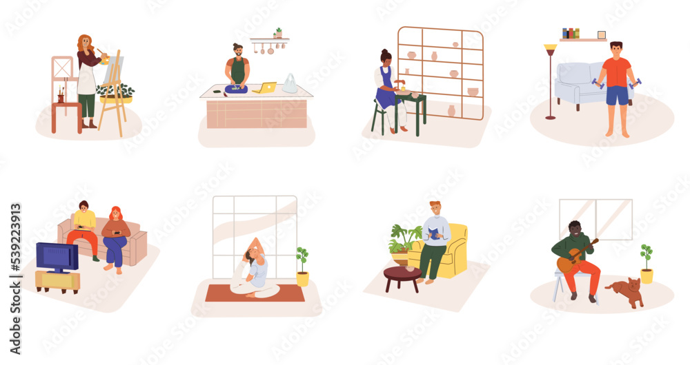 Set of people enjoying their free time, performing leisure activities and doing hobbies - drawing a portrait, watch while cook, pottery, raise dumbbell, gaming, yoga, read and playing guitar. Set of people enjoying their free time, performing leisure activities and doing hobbies - drawing a portrait, watch while cook, pottery, raise dumbbell, gaming, yoga, read and playing guitar.