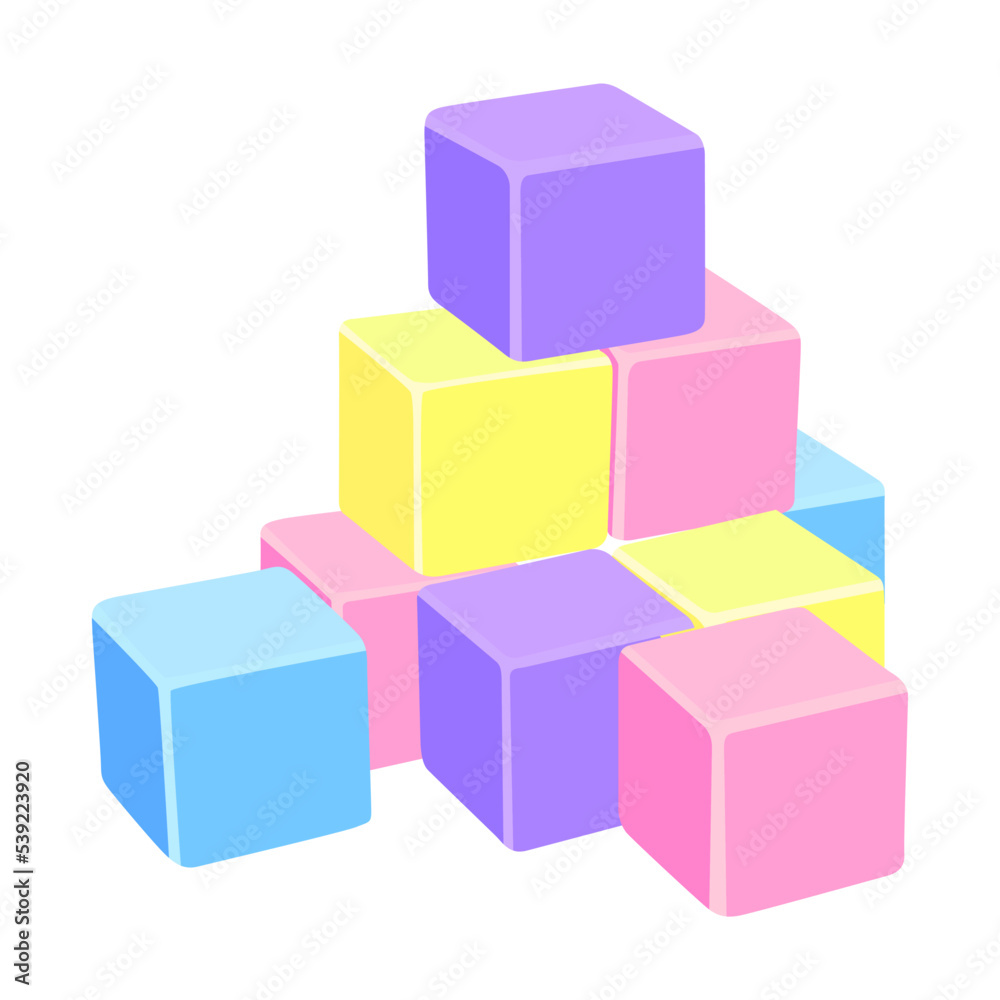 Fototapeta premium Colorful baby toy. Cartoon kid cubes, pyramid, peg top design. Flat vector illustration. Cute children toys concept