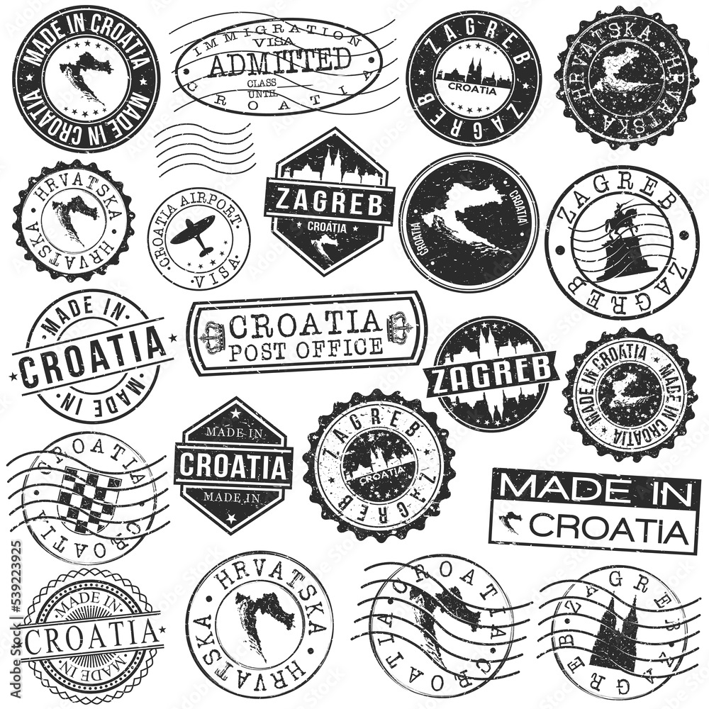 Obraz premium Zagreb, Croatia Set of Stamp. Vector Art Postal Passport Travel Design. Travel and Business Seals.