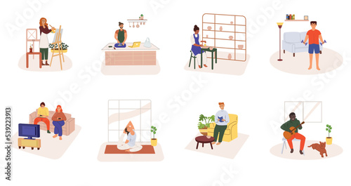 Set of people enjoying their free time, performing leisure activities and doing hobbies - drawing a portrait, watch while cook, pottery, raise dumbbell, gaming, yoga, read and playing guitar.