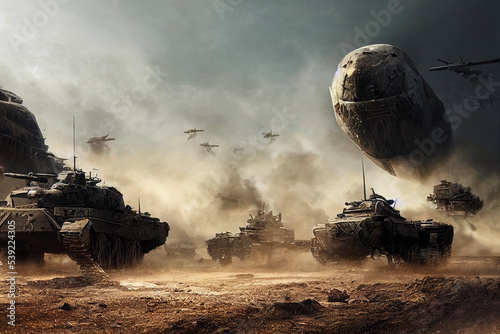An epic battlefield during the post-apocalypse. Cinematic Dramatic Futuristic Fantasy..Cruel war scenes, digital painting.AI Generated Art photo