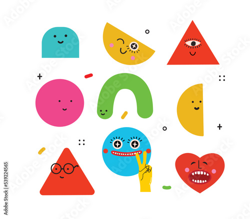 Vector illustration of geometric character shapes with face emotions, cute colorful shape for children education.