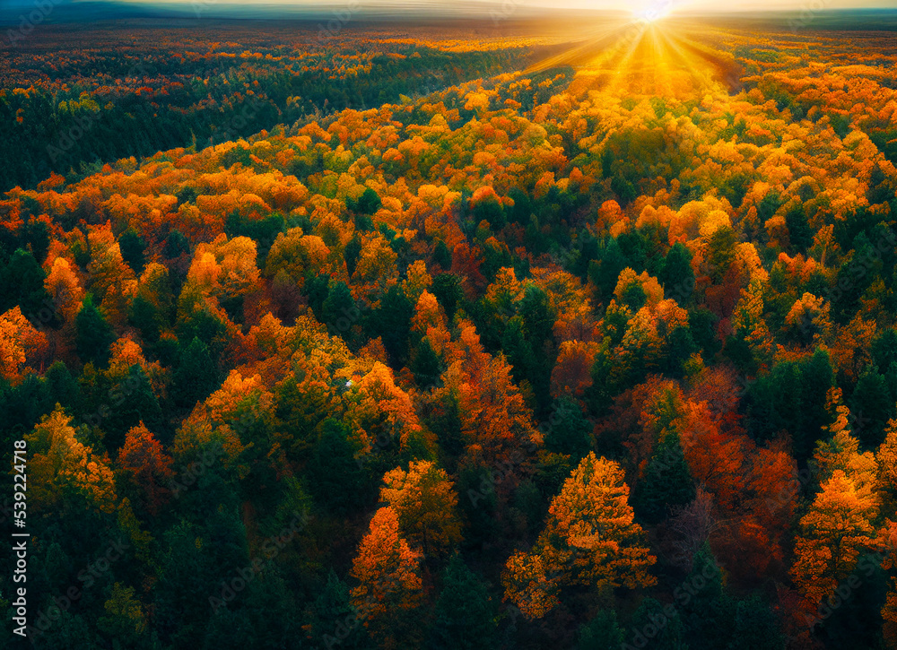 sunset in the forest, autumm seasson. 