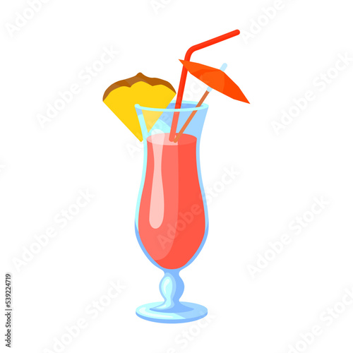 Cartoon Hawaiian and travel symbol. Flat vector illustration. Colorful berry cocktails with umbrella. Culture, travel, tourism, tropical concept