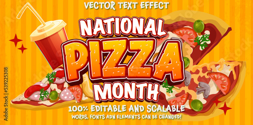 National Pizza Day vector text. February 9. Holiday concept. Template for background, banner, card, poster with editable text with fast food vector set illustrations on yellow orange background