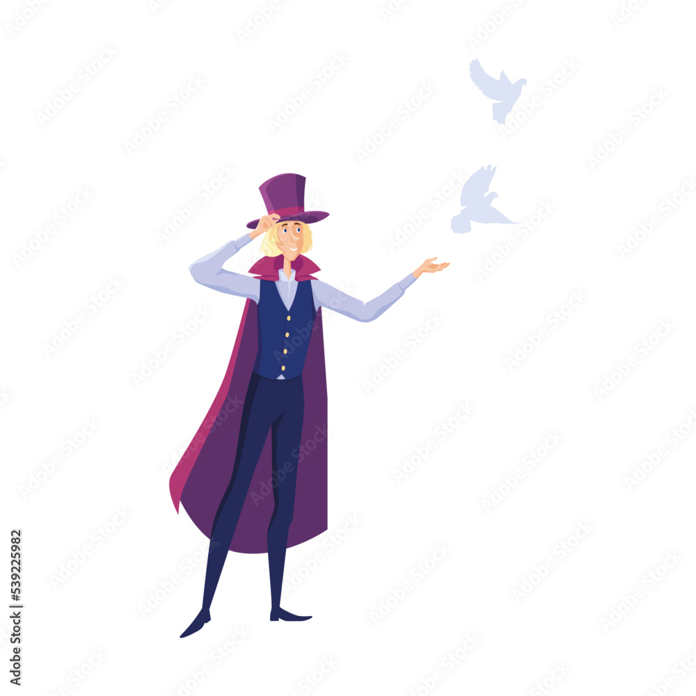 Circus illusionist. Magician man in cape juggling or taking rabbit from top hat isolated on white. Vector illustration for show