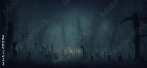 Digital Illustration Of An Old Creepy Graveyard On Stormy Winter Day At Dark Misty Night Background Concept. photo
