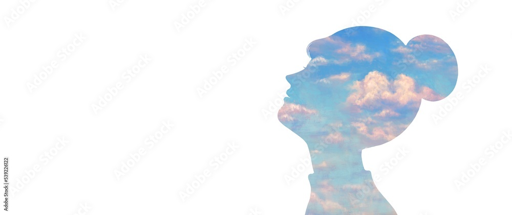 The cloud sky in a portrait of woman. Concept art of mind, spiritual,dream, hope, freedom and life. Conceptual painting illustration.