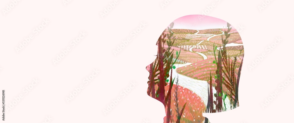 Way in the autumn field  in a portrait of woman. Concept art of mind, spiritual,dream, hope, freedom and life. Conceptual painting illustration. nature and a girl face.