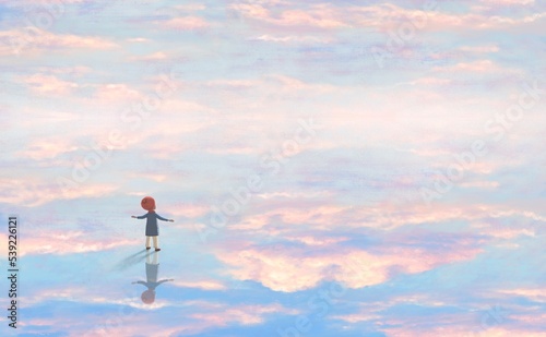 A lonely boy in surreal sky . kid and fantasy cloud. Concept idea art of imagination, dream, life, freedom, hope, growth, happiness and education. Conceptual 3d illustration. child artwork.