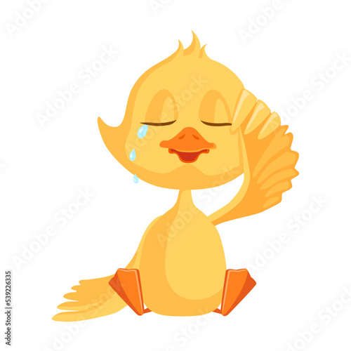 Cartoon duckling. Funny yellow baby chicks or duck sad and crying. For cartoon character