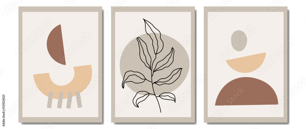 Set of creative minimalist hand drawn illustrations in earth tones, boho style. For wall decoration, postcard design or brochure cover. Hand drawn vector design elements.