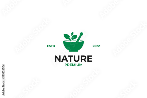Flat mortar pestle with leaf icon logo design vector template illustration