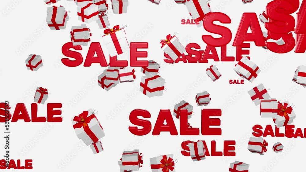 Red words sale on white background looped 3d render. White and red gift boxes are falling satisfying video seamless. Big sale, discount, black friday, shopping mall or coming soon concept Red words sale on white background looped 3d render. White and red gift boxes are falling satisfying video seamless. Big sale, discount, black friday, shopping mall or coming soon concept