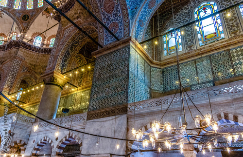 Rich decorated interior of the Sultan Ahmed or Blue Mosque in Istanbul  Turkey  Europe