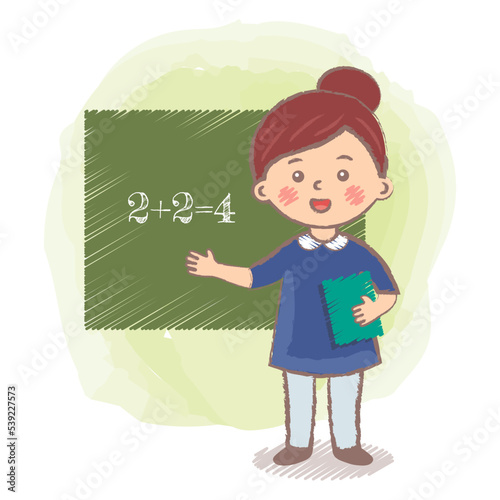 Little preschool girl dreaming to become teacher in future. Career day in kindergarten. Flat kid character. Teacher isolated vector illustration. Cartoon teacher child pointing on the chalkboard.