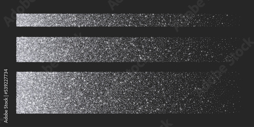 Silver glitter brush strokes, shiny star dust lines, luxury shimmery particles isolated on a dark background. Vector illustration.