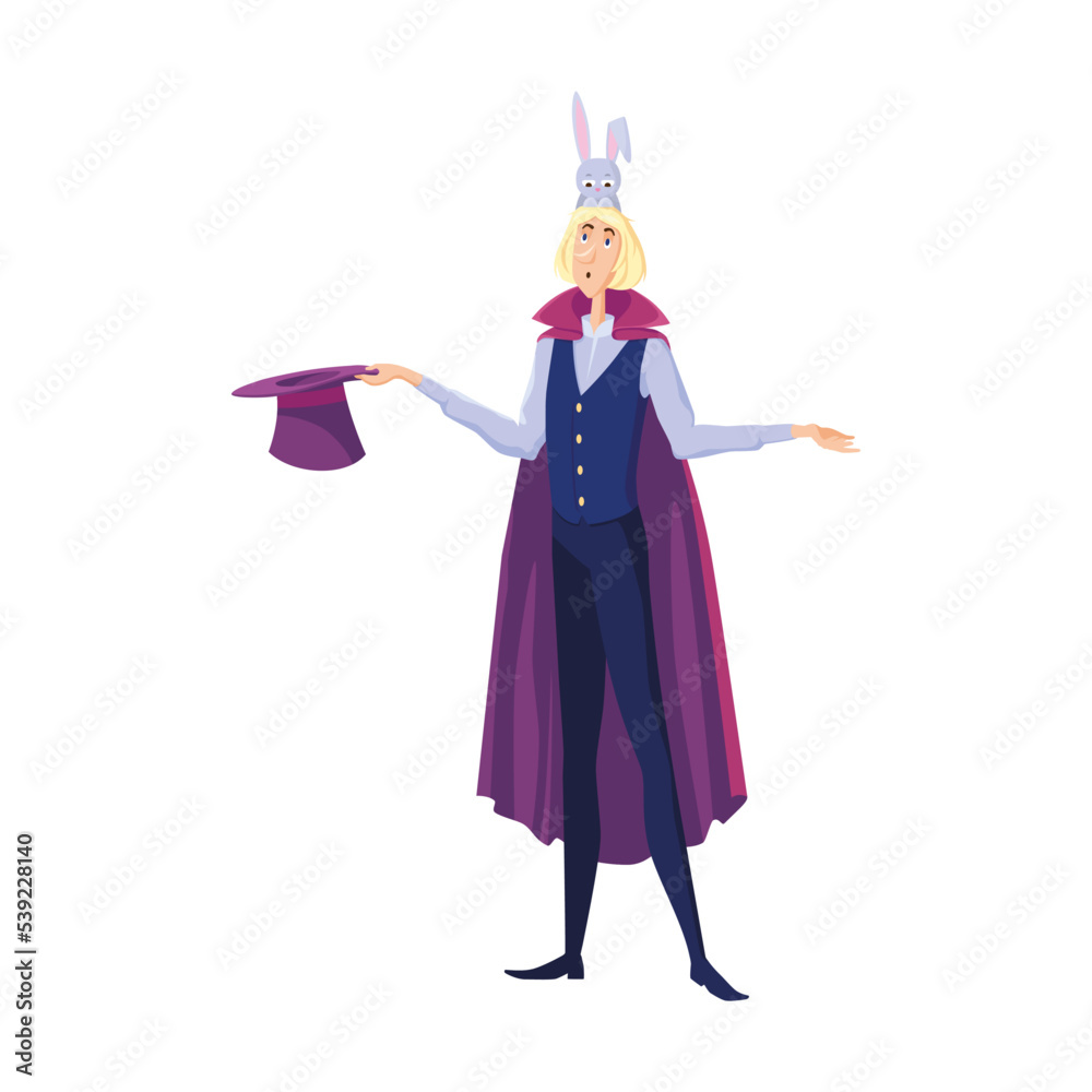 Circus illusionist. Magician man in cape juggling or taking rabbit from top hat isolated on white. Vector illustration for show, festive fair, entertainment for kids concept
